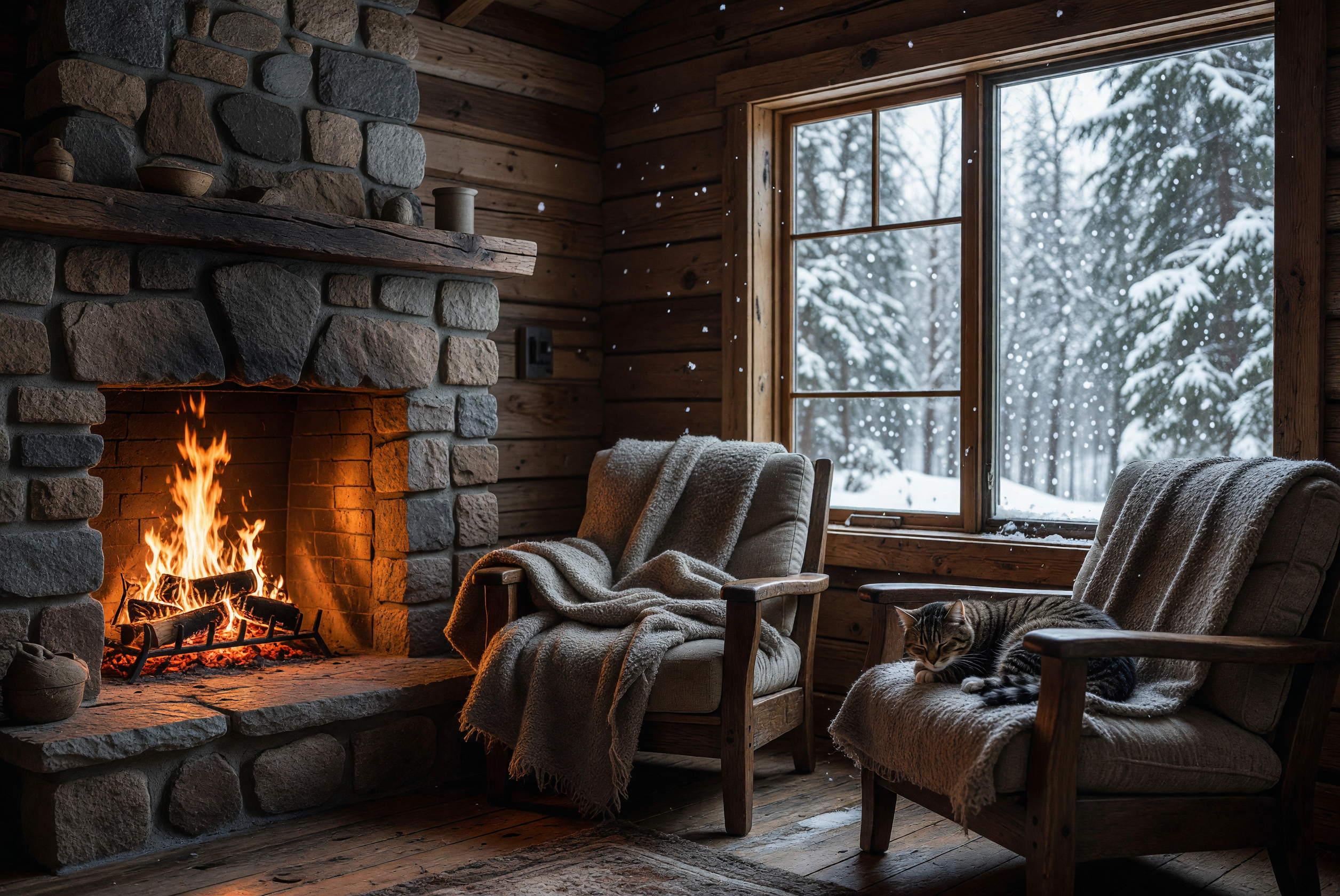 Cozy Winter Cabin with Warm Fireplace and Sleeping Cat