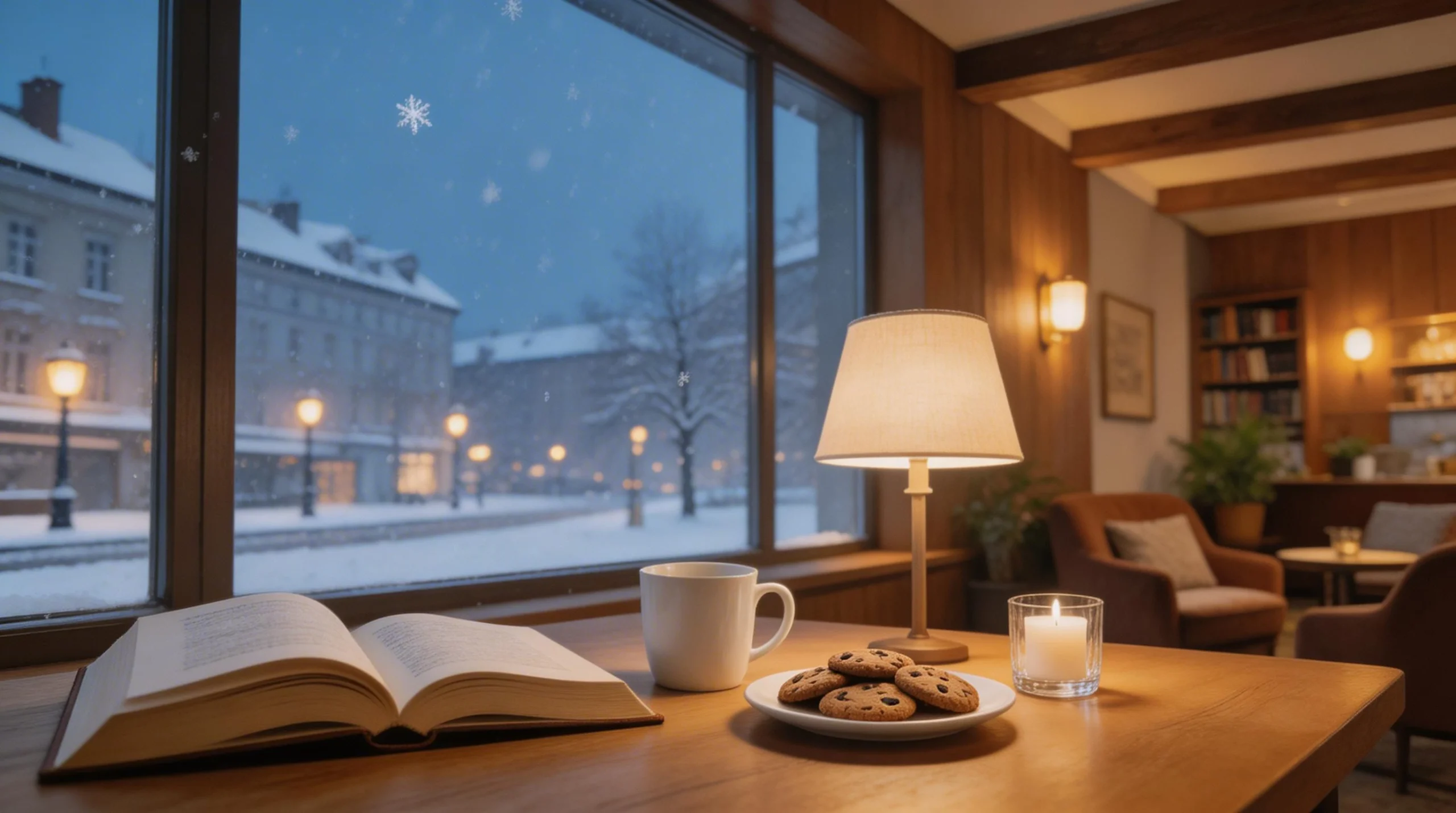 Cozy Winter Cafe Scene with Book and Cookies