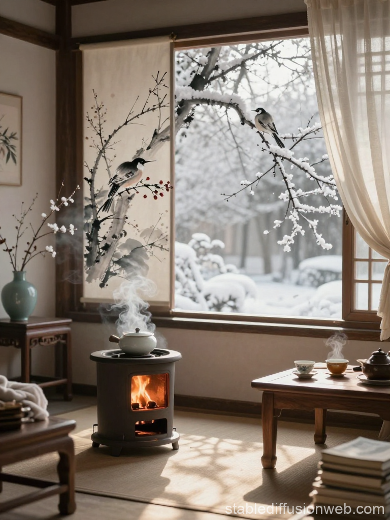 Cozy Winter Tea Room with Snowy Garden View