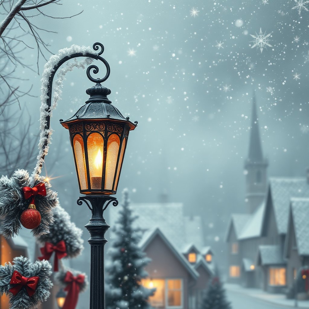 Cozy Winter Village Street with Festive Lamp Post