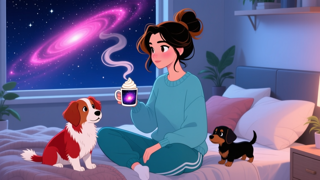 Cozy Woman Enjoying Nebula Coffee with Two Dogs