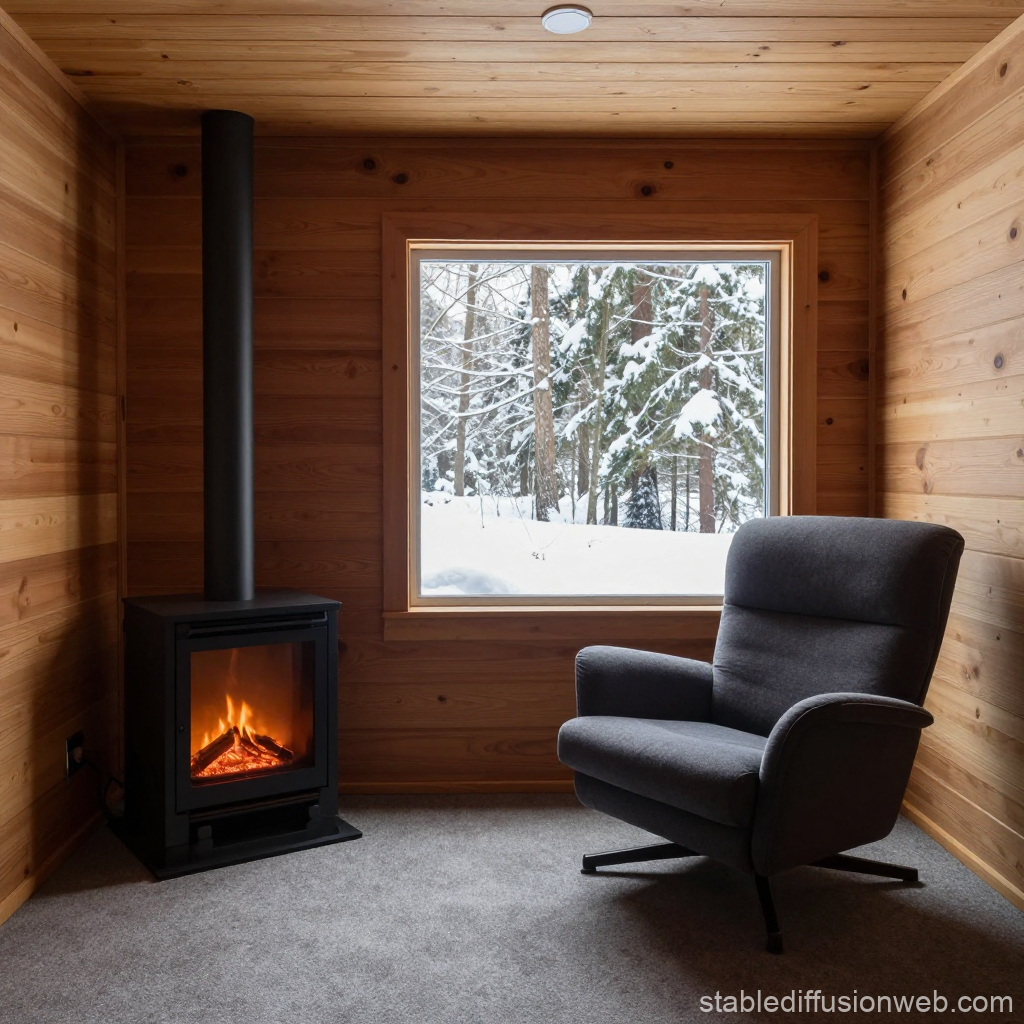 Cozy Wooden Room with Fireplace and Snowy Window View