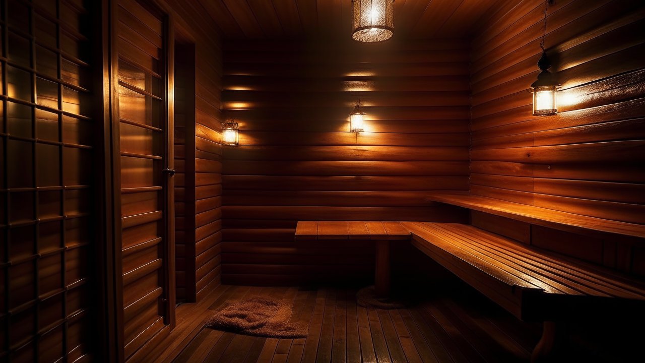 Cozy Wooden Sauna Interior with Warm Lighting