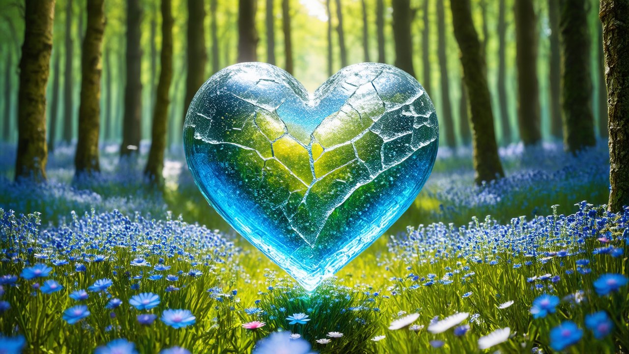 Cracked Glass Heart in Enchanted Forest Meadow