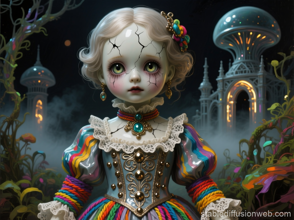 Cracked Porcelain Doll in Enchanted Fantasy Realm