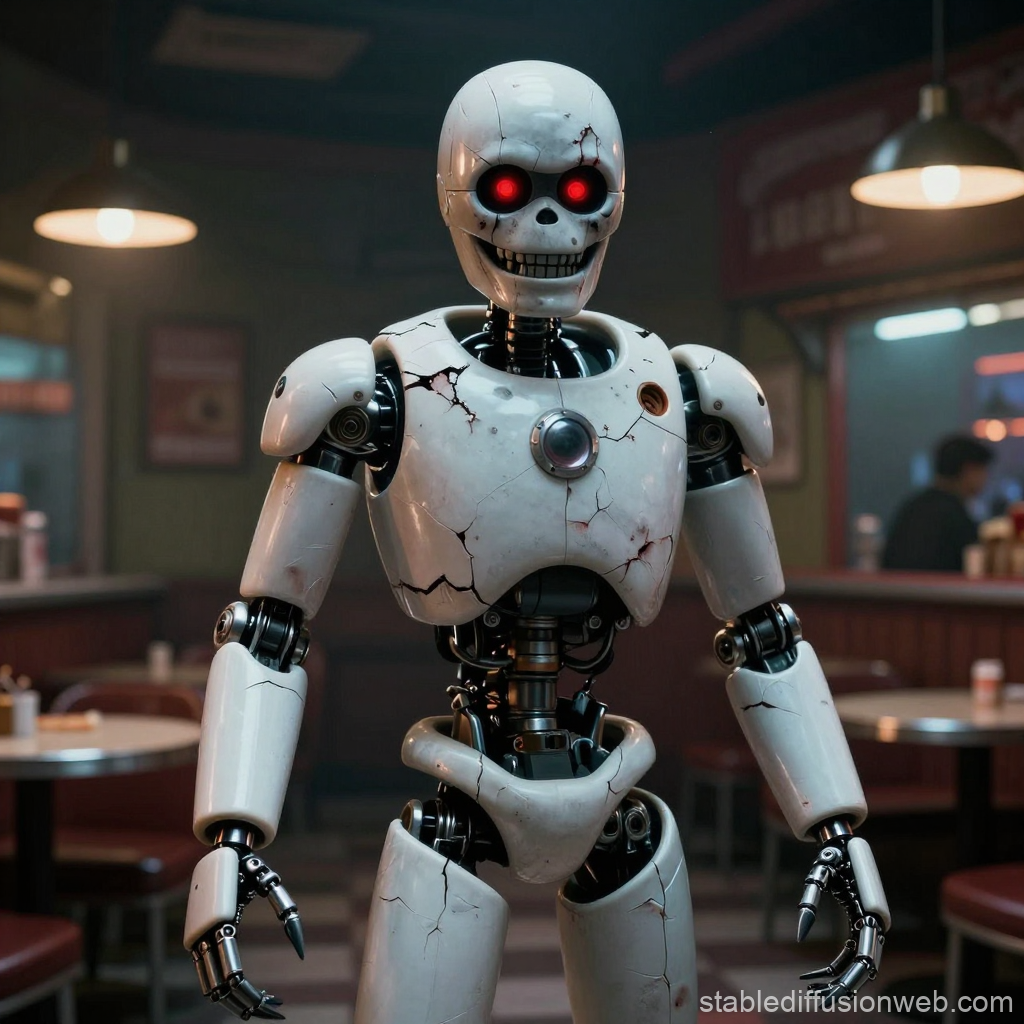 Cracked White Robot with Red Eyes in Retro Diner