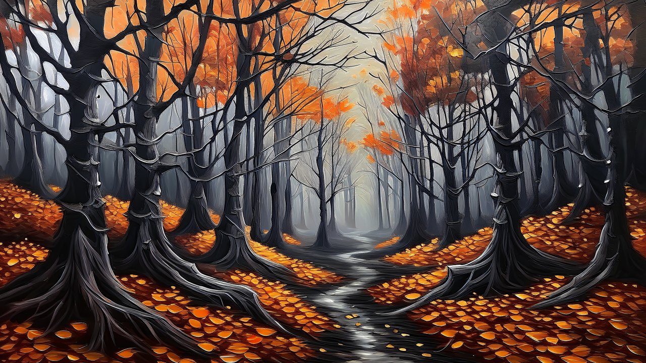 Creepy Autumn Forest Path in Realistic Acrylic Style