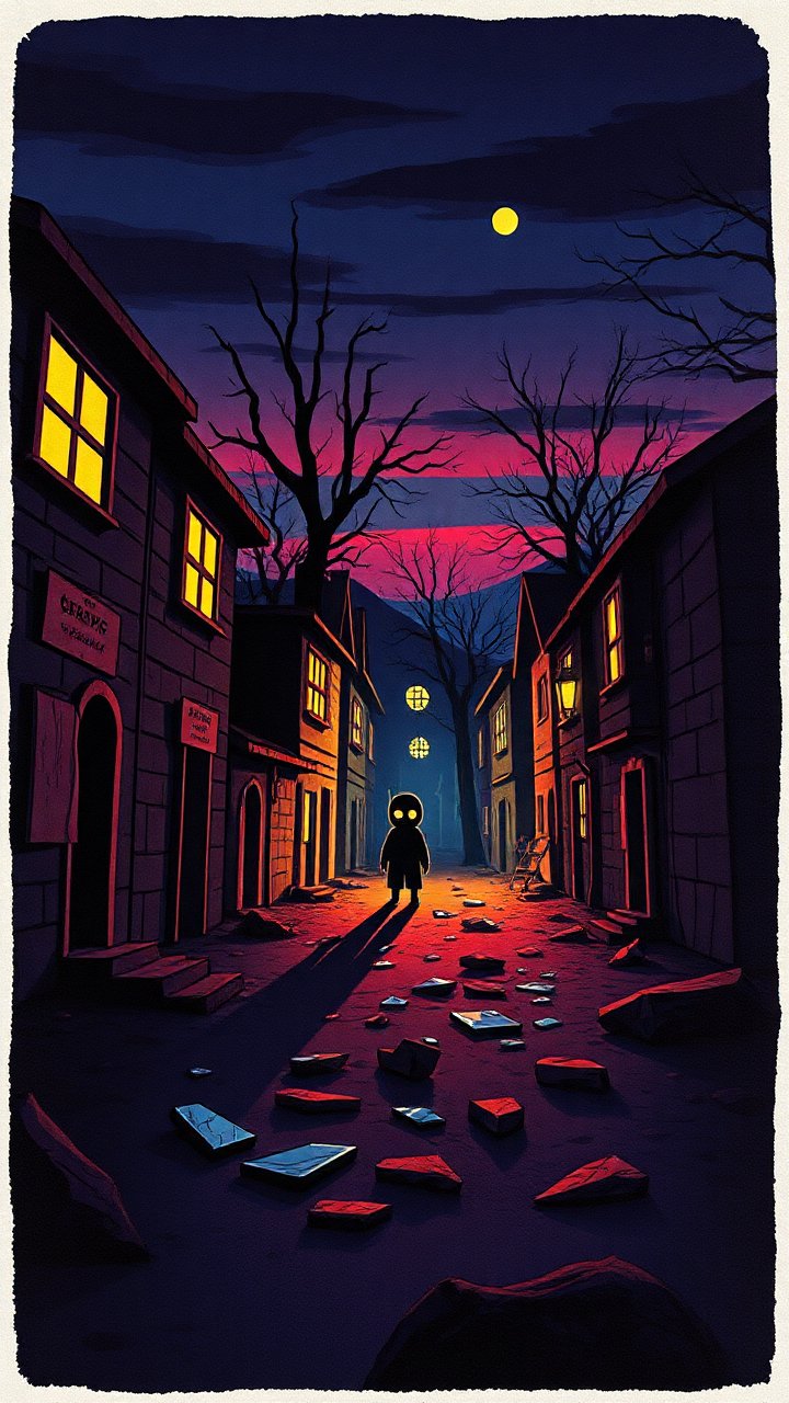 Creepy Deserted Village at Twilight with Mysterious Figure