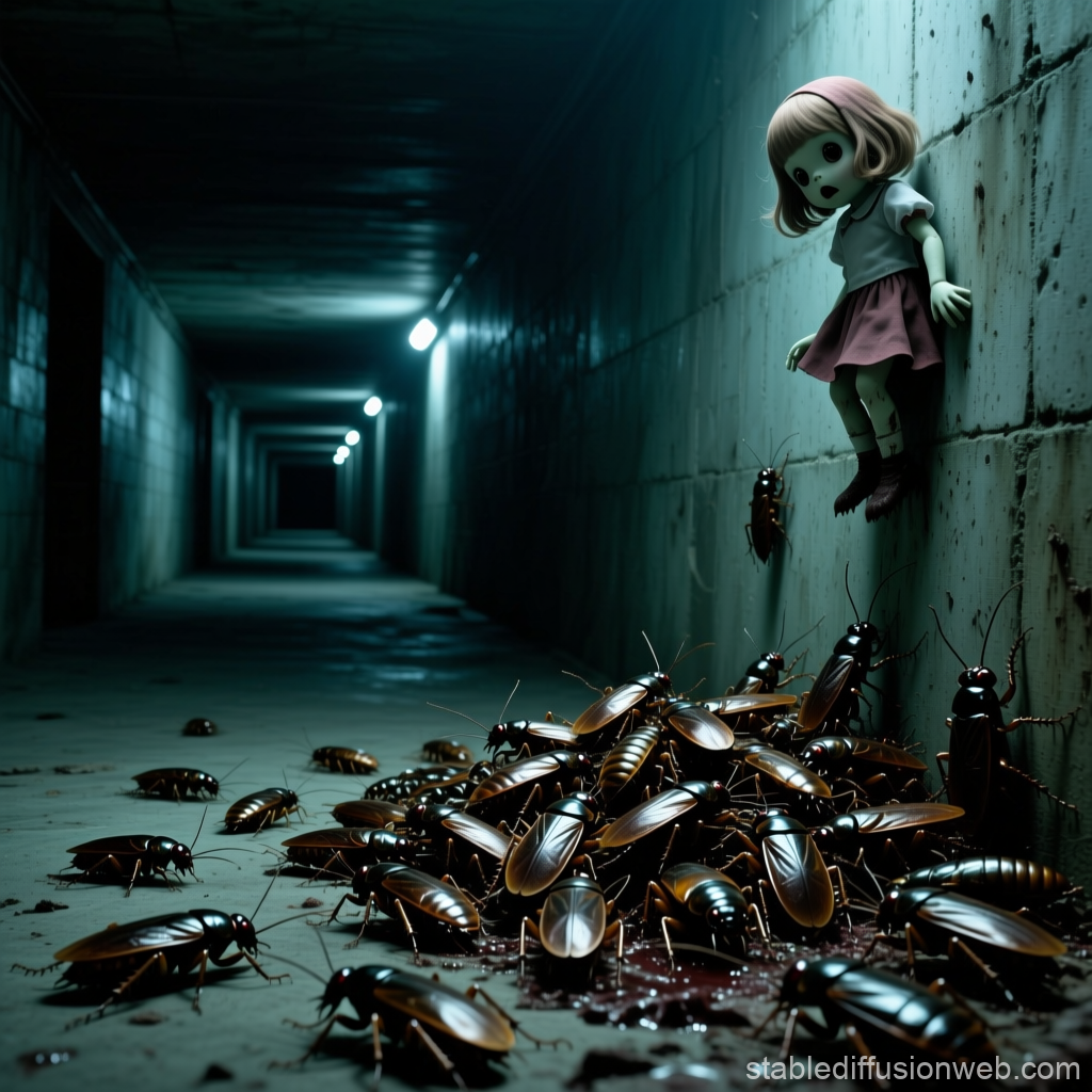 Creepy Doll and Swarm of Cockroaches in Gloomy Basement