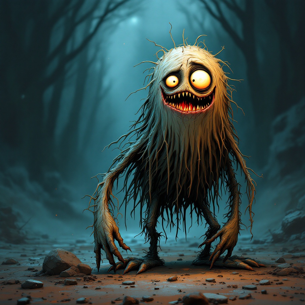Creepy Forest Monster with Glowing Eyes and Sharp Teeth