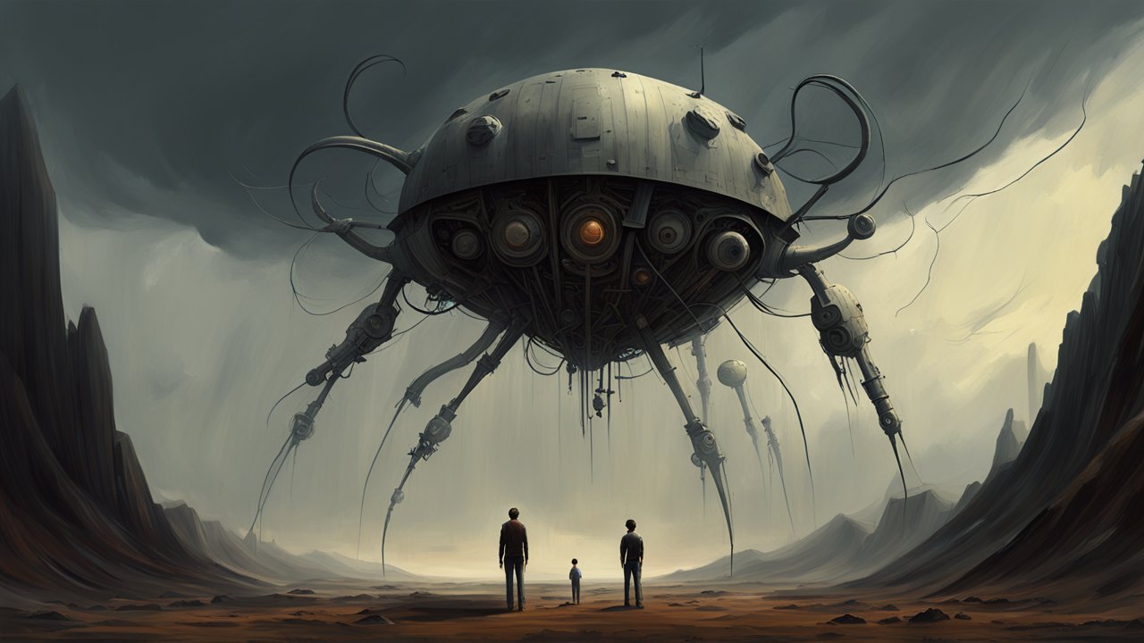 Creepy Mechanical Spider-Like Machine in a Desolate Landscape
