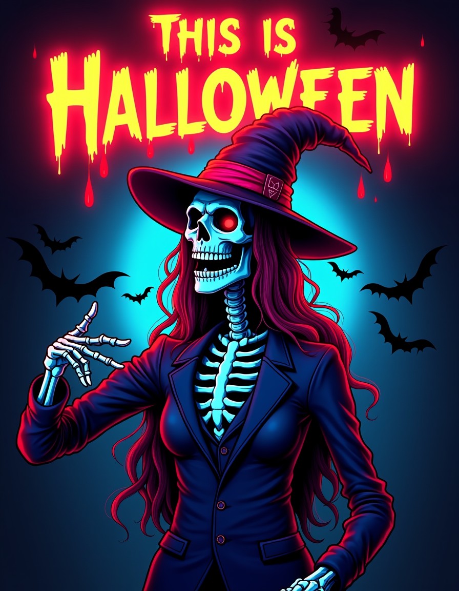 Creepy Neon Skeleton Witch Halloween Illustration