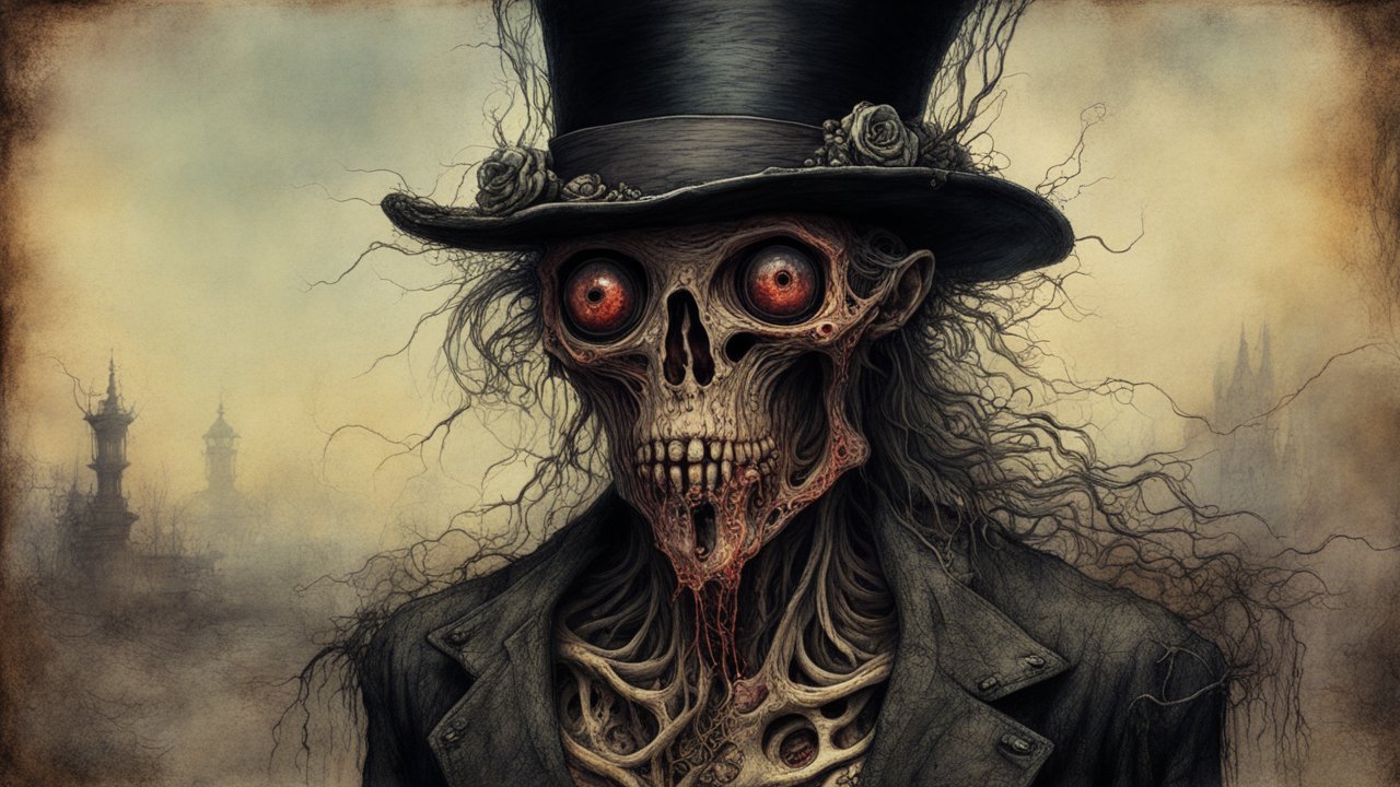 Creepy Skeleton in Victorian Attire with Glowing Eyes