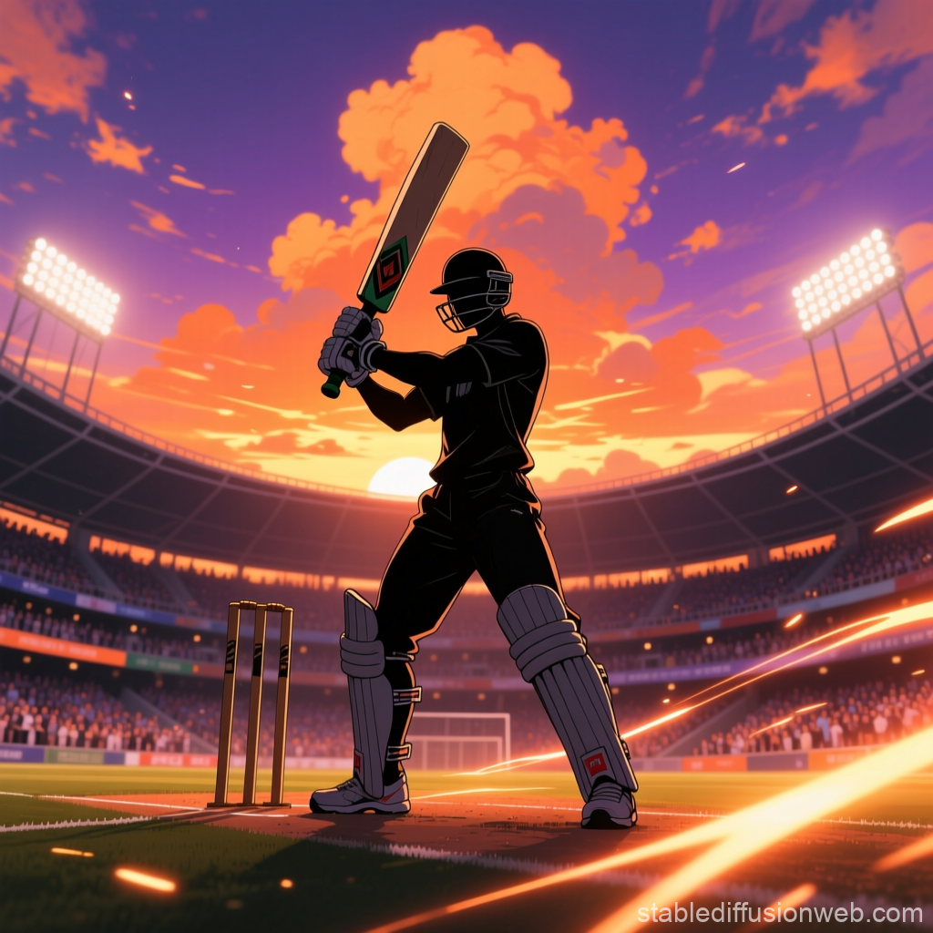 Cricket Batsman Silhouette at Sunset in Stadium