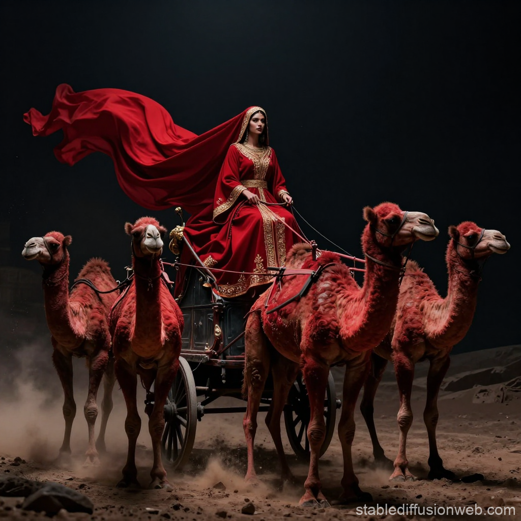 Crimson Chariot Queen Riding a Camel-Drawn Carriage
