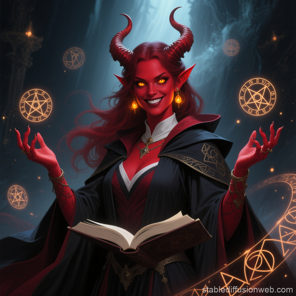 Crimson Tiefling Wizard Casting Spells