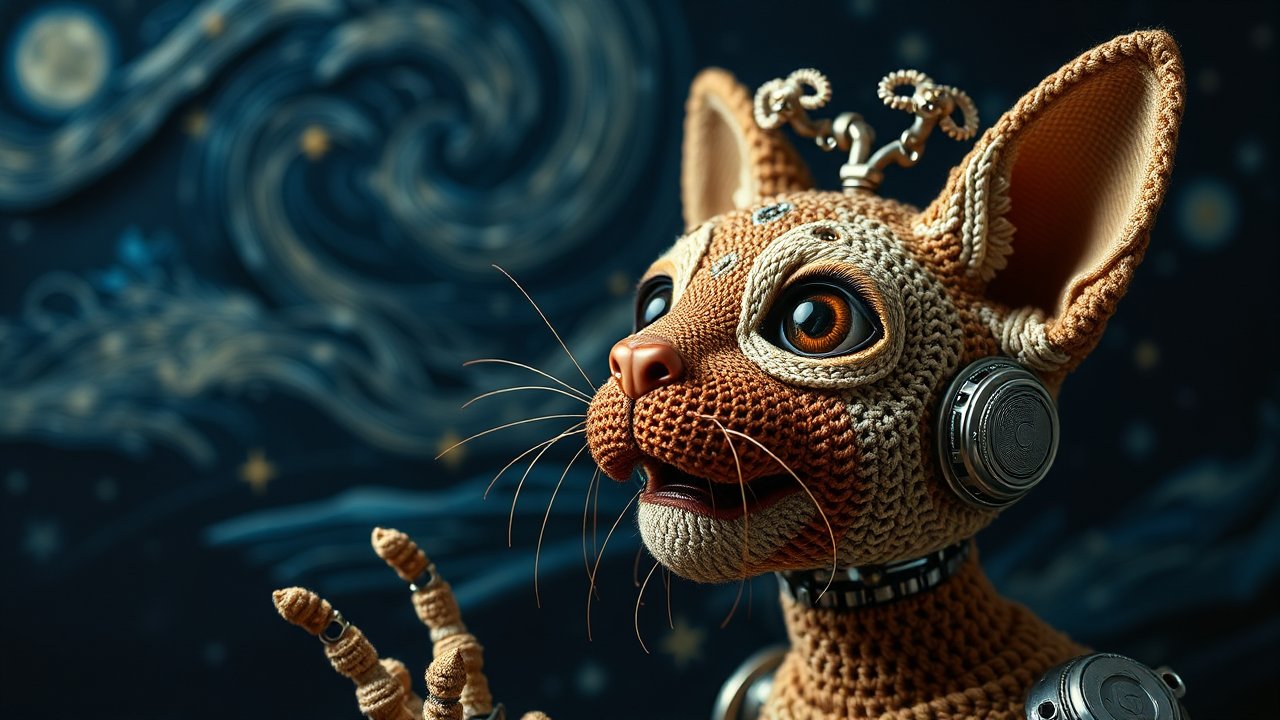 Crocheted Robotic Cat with Starry Night Background