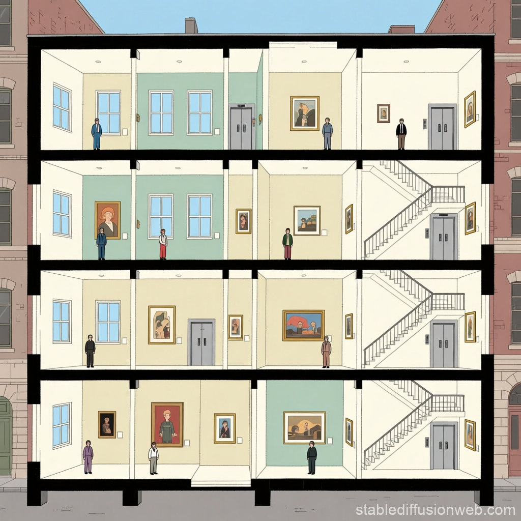 Cross Section of a Museum with Visitors and Artworks