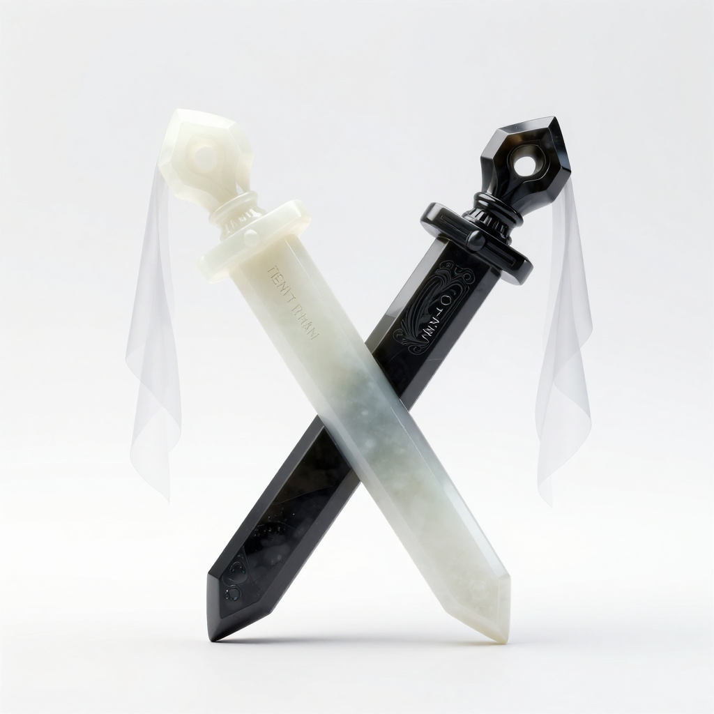 Crossed Jade and Obsidian Swords with White Ribbons