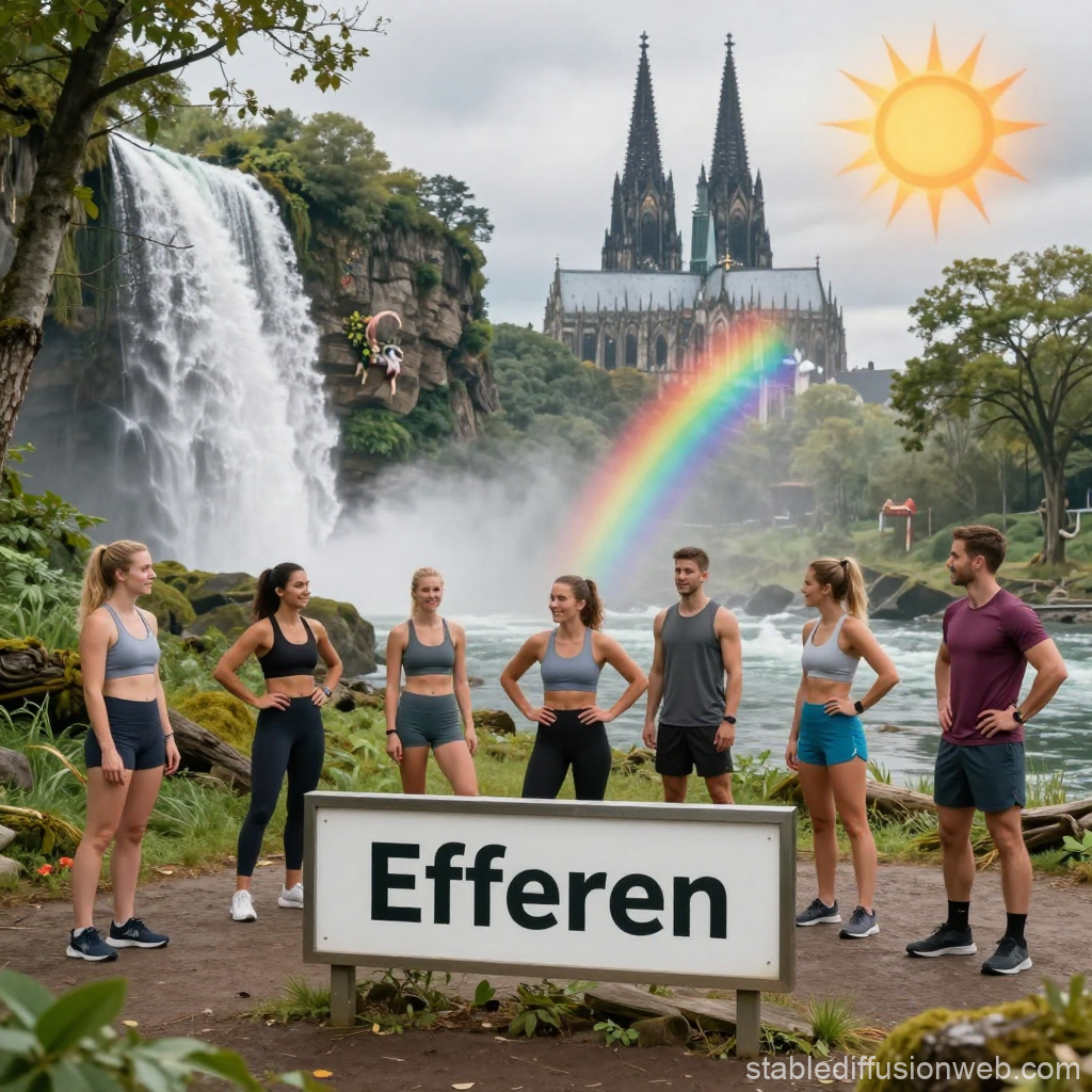 Crossfit Group Training in a Fantasy Rainforest with Waterfall and Rainbow