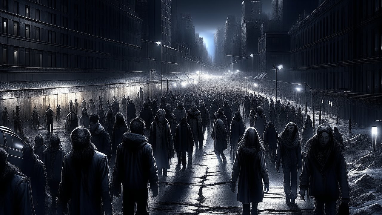 Crowd of People Walking Through a Dark Urban Street