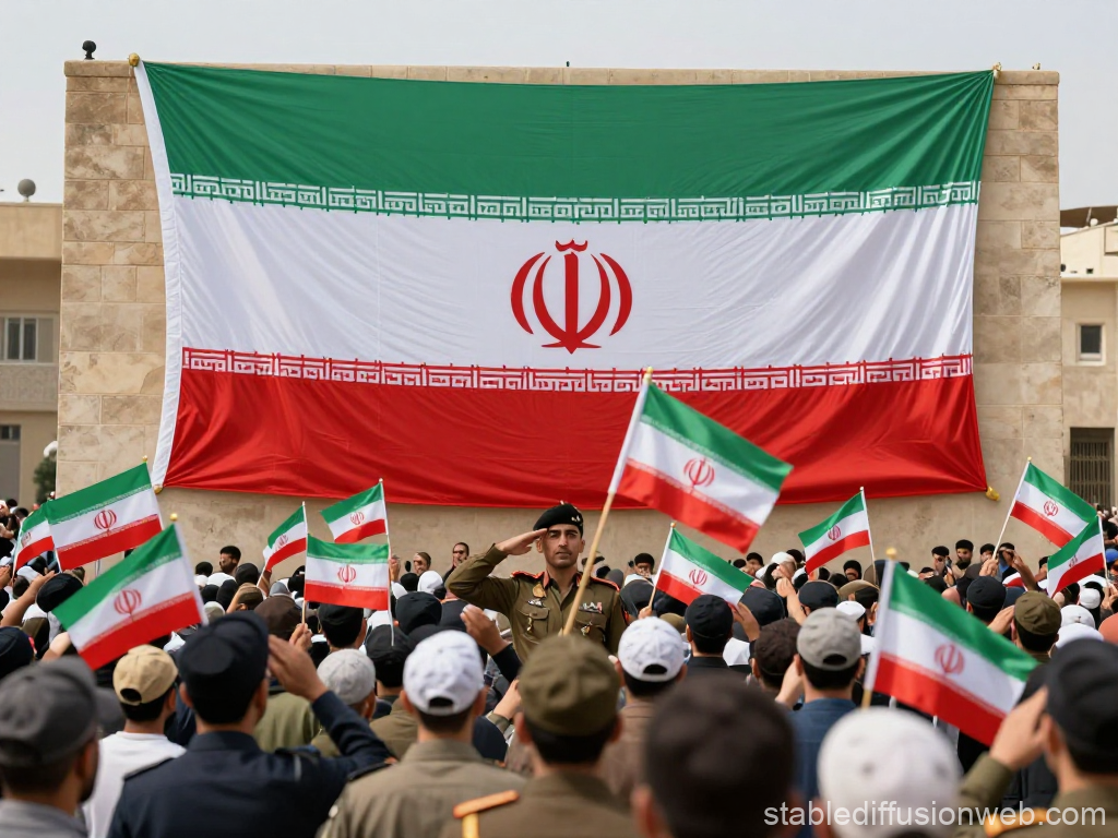 Crowd Saluting Iranian Flag at Public Gathering