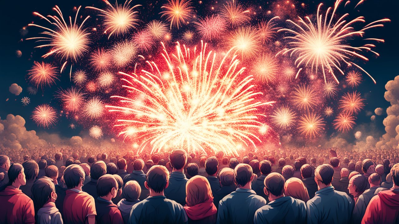 Crowd Watching Vibrant Fireworks Display at Night