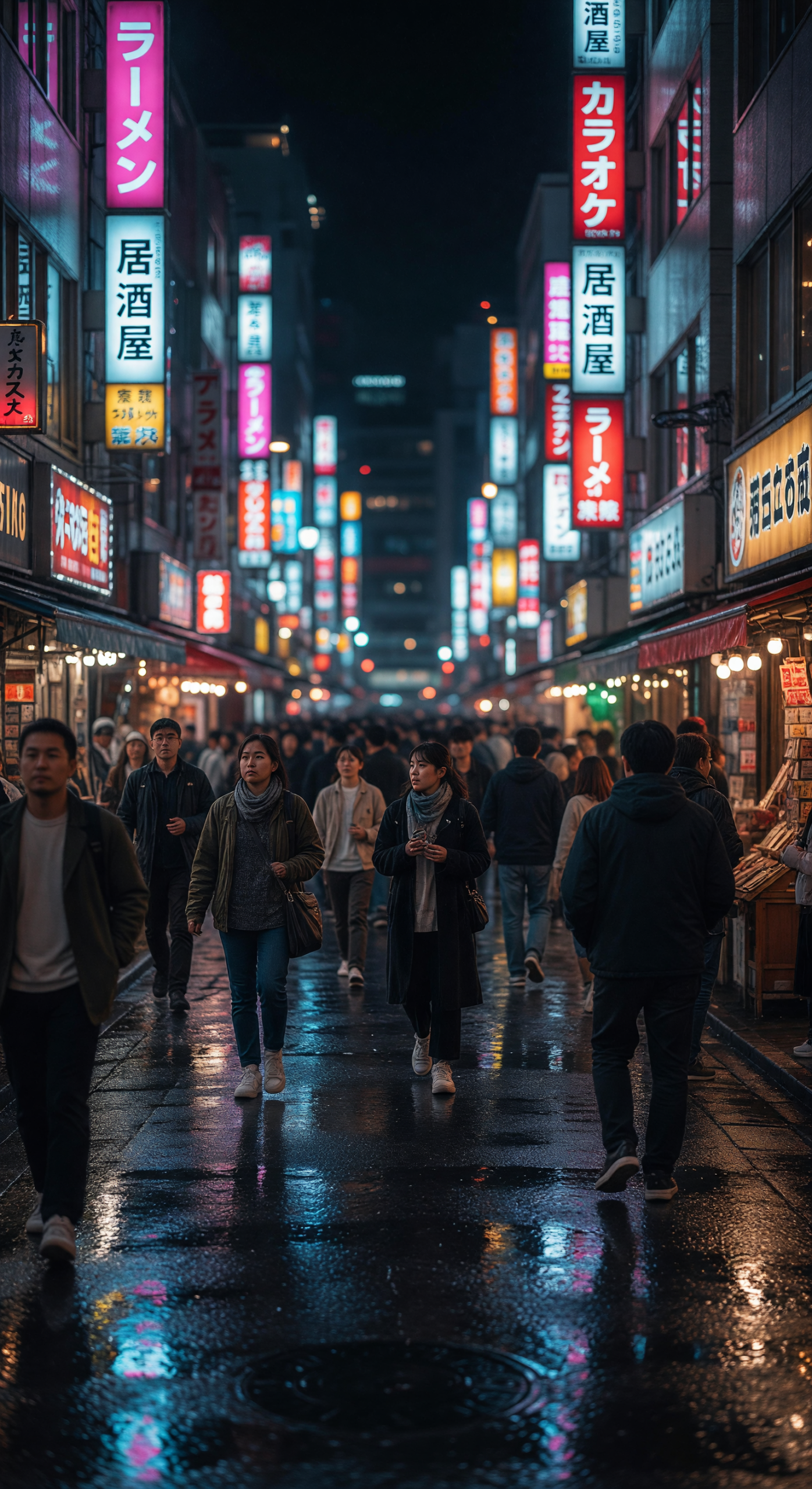 Crowded Neon-Lit Street in Tokyo at Night