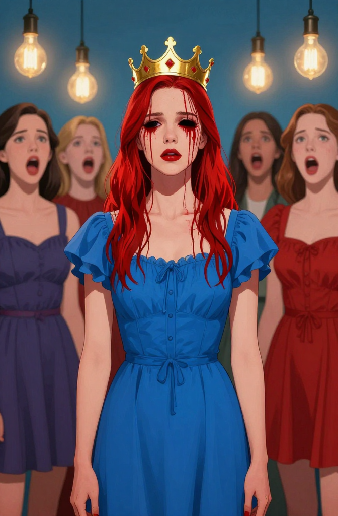 Crying Queen with Blood Tears and Shocked Onlookers
