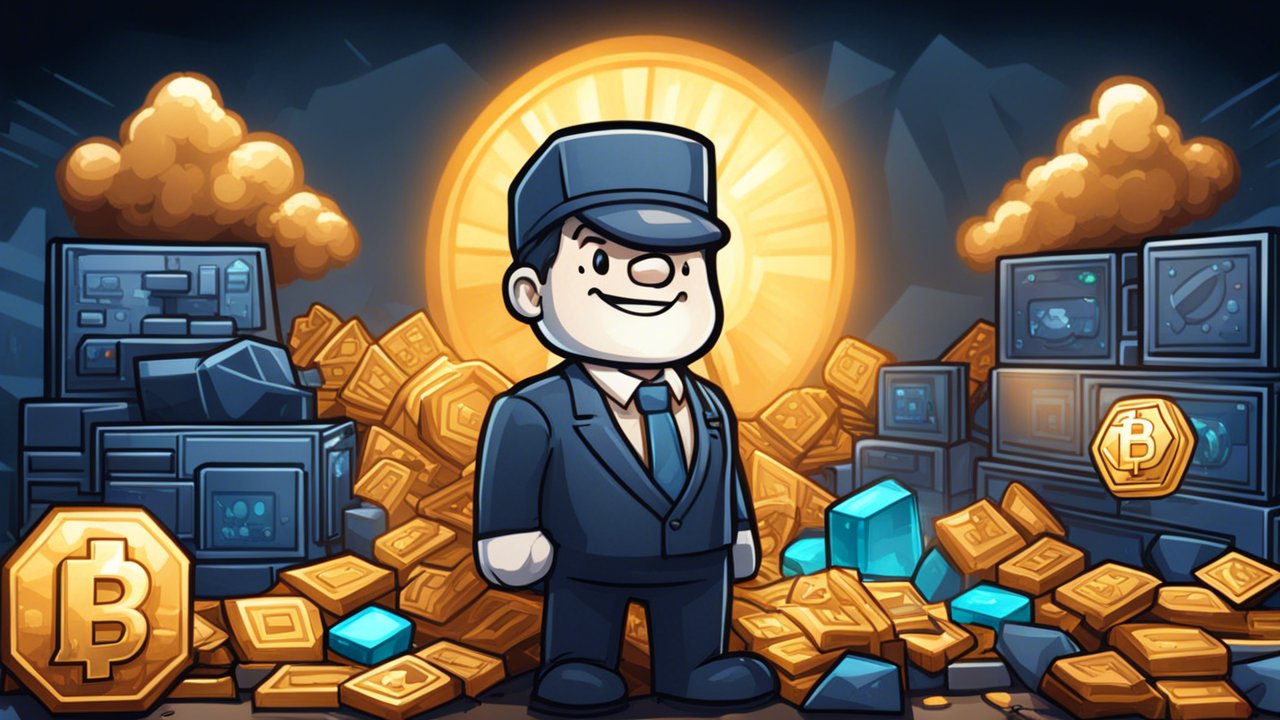 Crypto Miner Tycoon Cartoon Character with Bitcoin and Mining Equipment