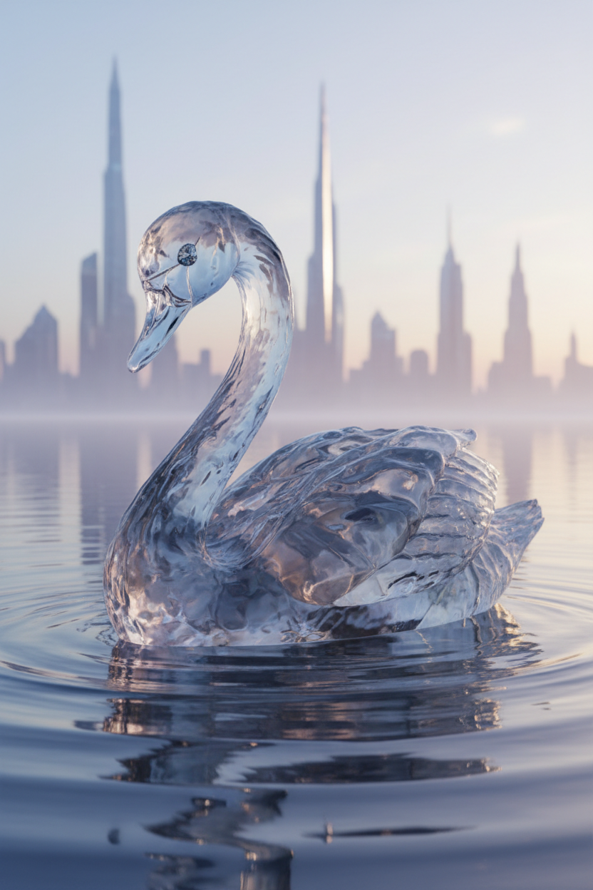 Crystal Swan on Serene Water with City Skyline