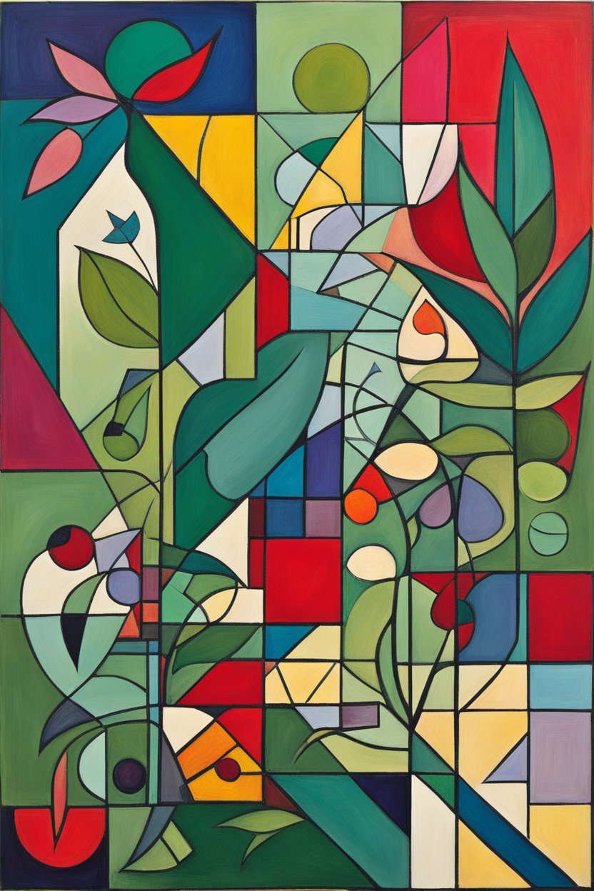 Cubist Abstract Painting with Geometric Nature Motifs