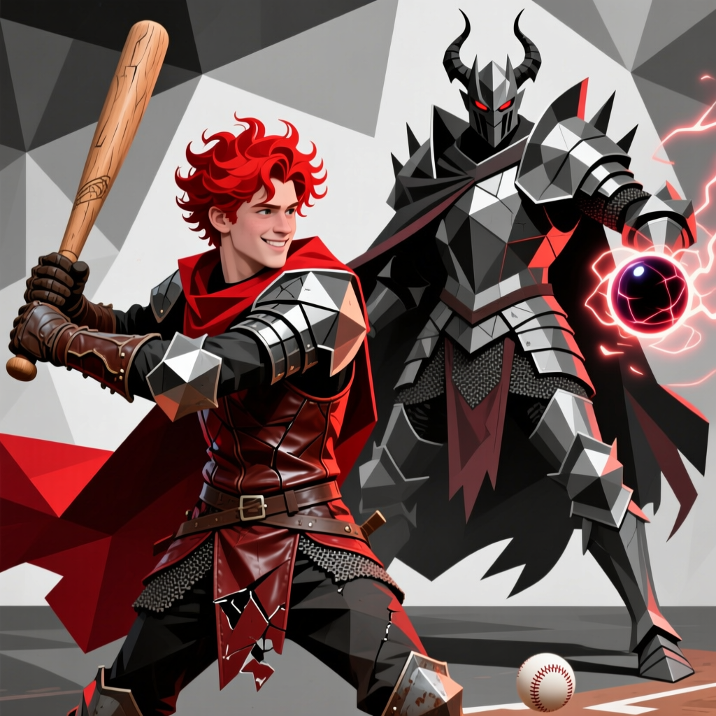 Cubist Demon King and Red-Haired Warrior in Fantasy Baseball Duel