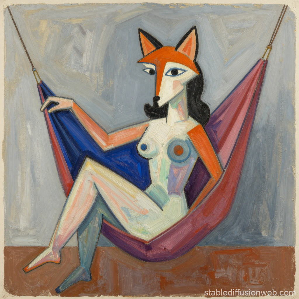 Cubist Nude Woman with Fox Head in Hammock