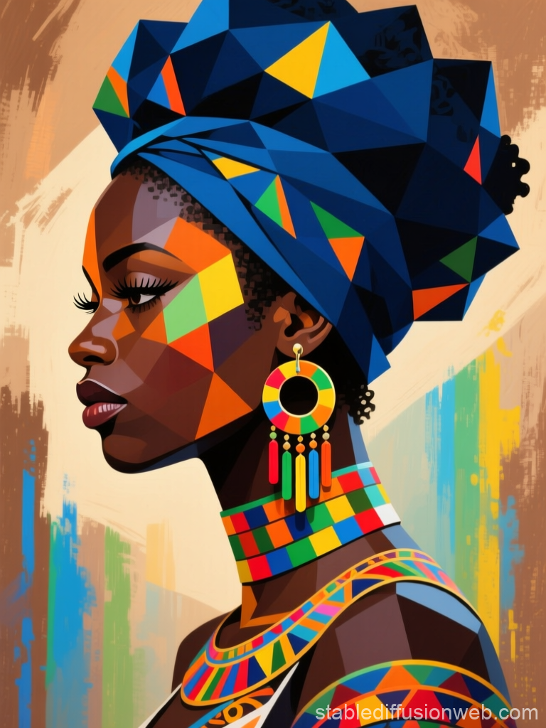 Cubist Portrait of African Woman in Vibrant Headwrap and Jewelry