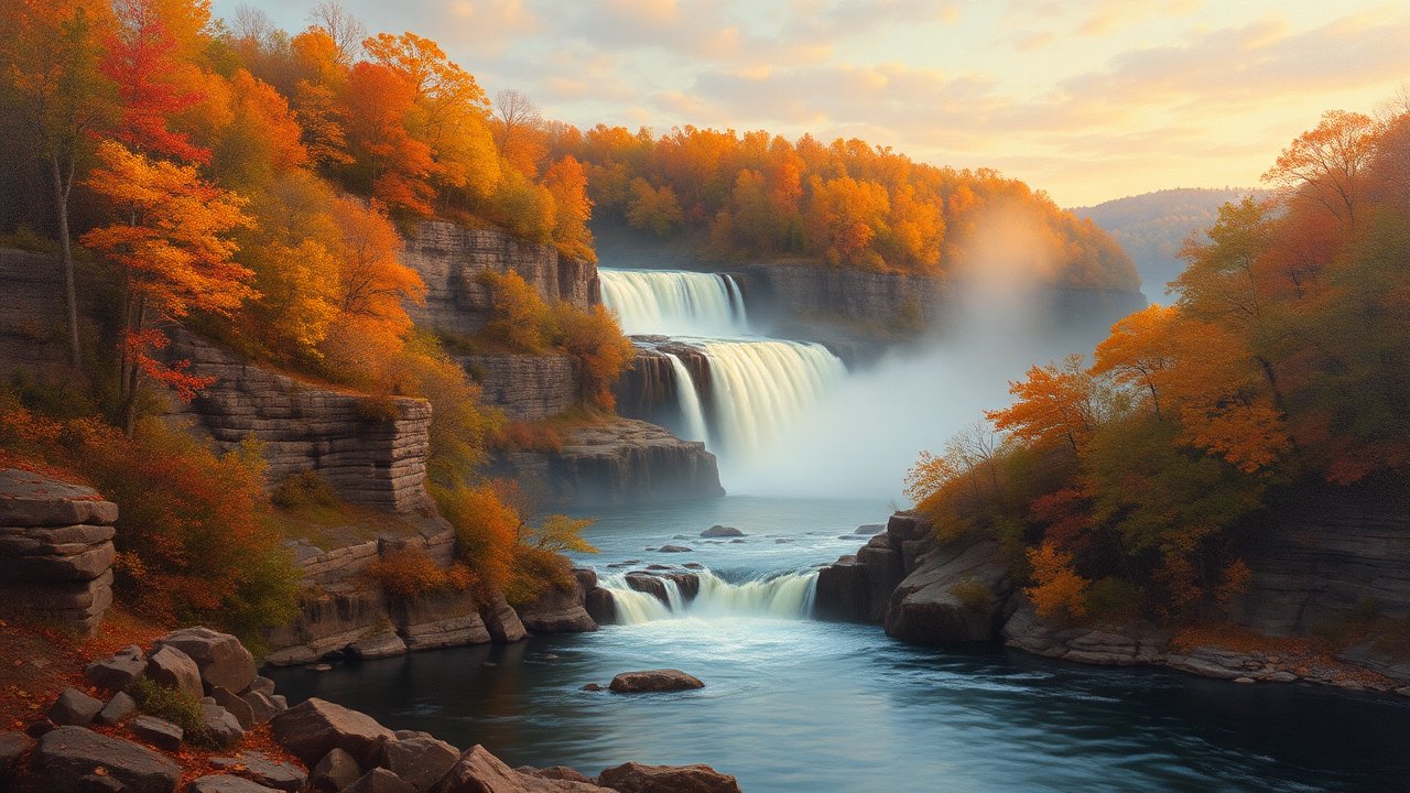 Cumberland Falls in Autumn with Cascading Waterfalls