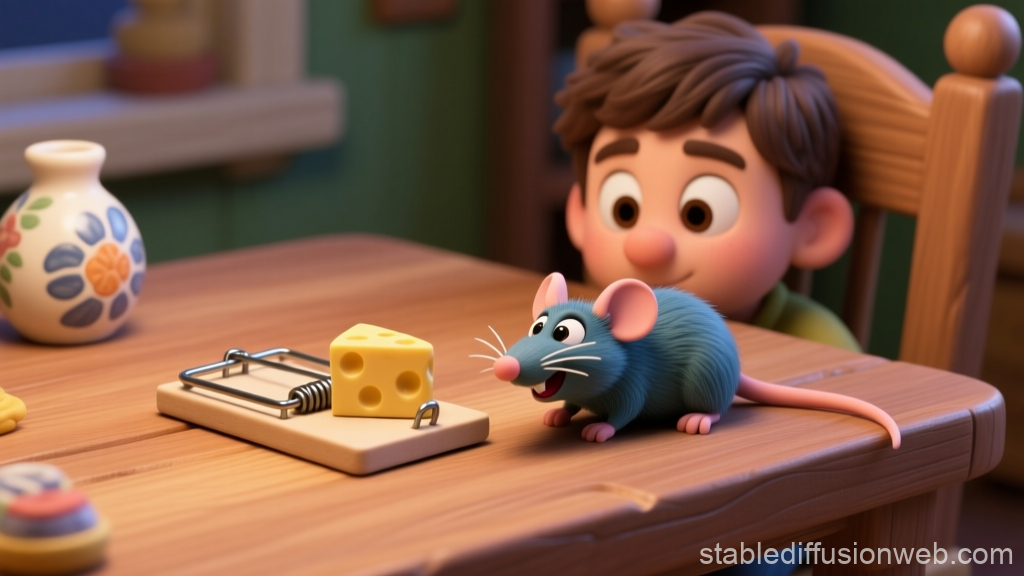 Curious Boy and Playful Mouse Near Cheese Trap