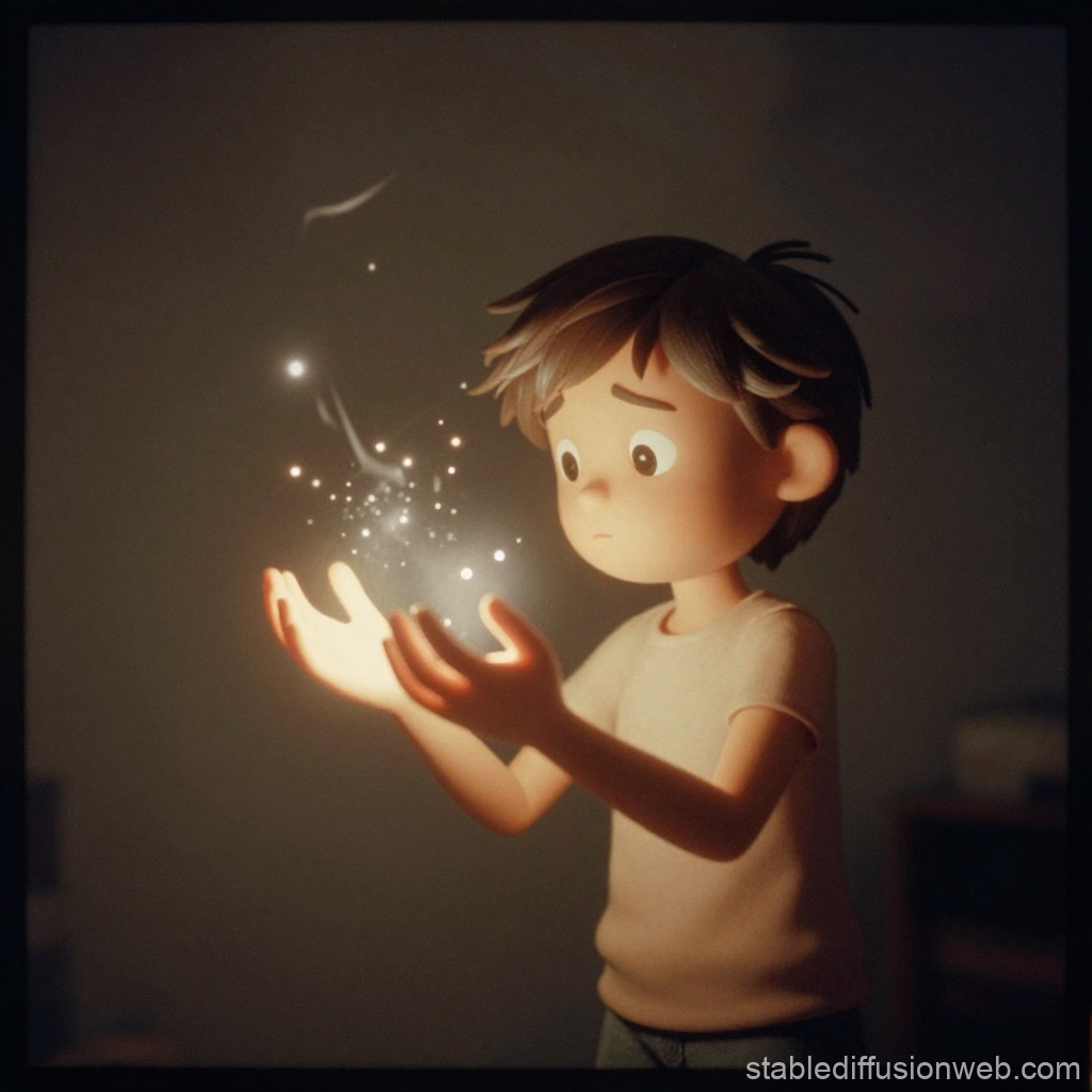 Curious Boy Holding Magical Light Particles