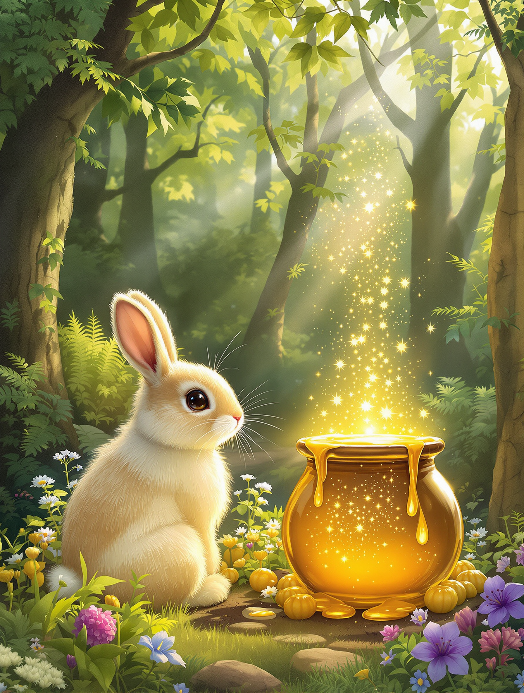 Curious Bunny and Magical Honey Pot in Enchanted Forest