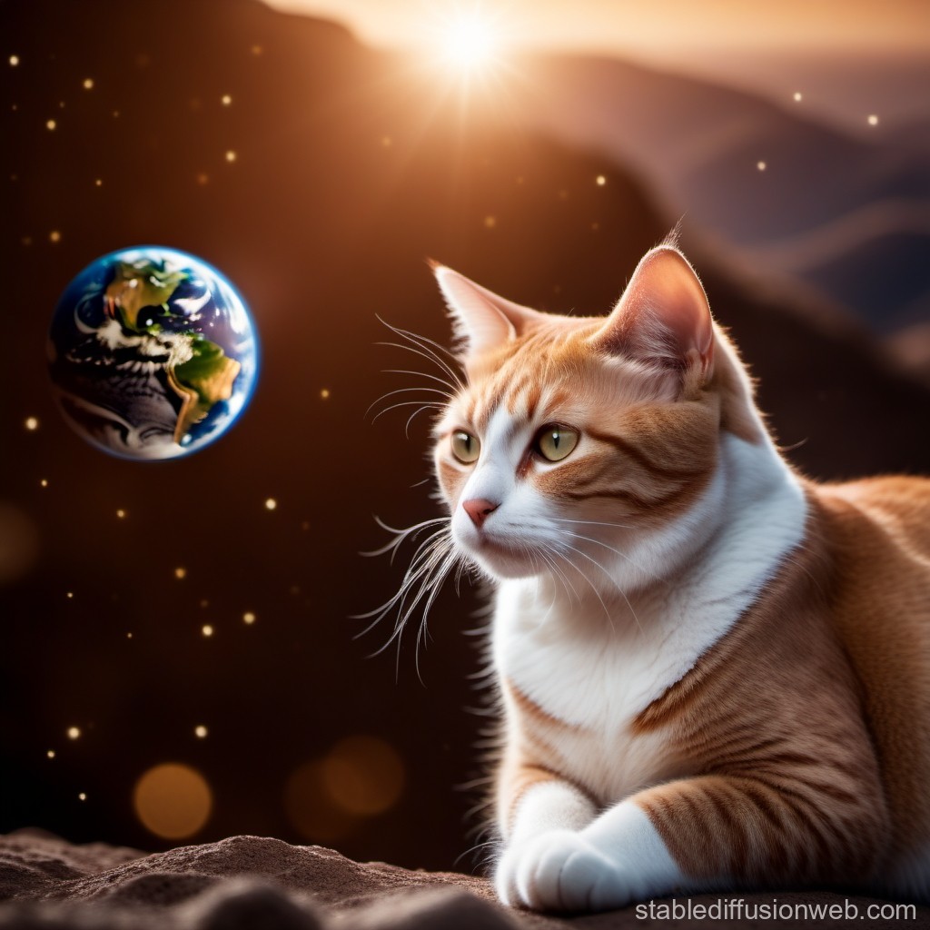 Curious Cat Gazing at Earth in Space