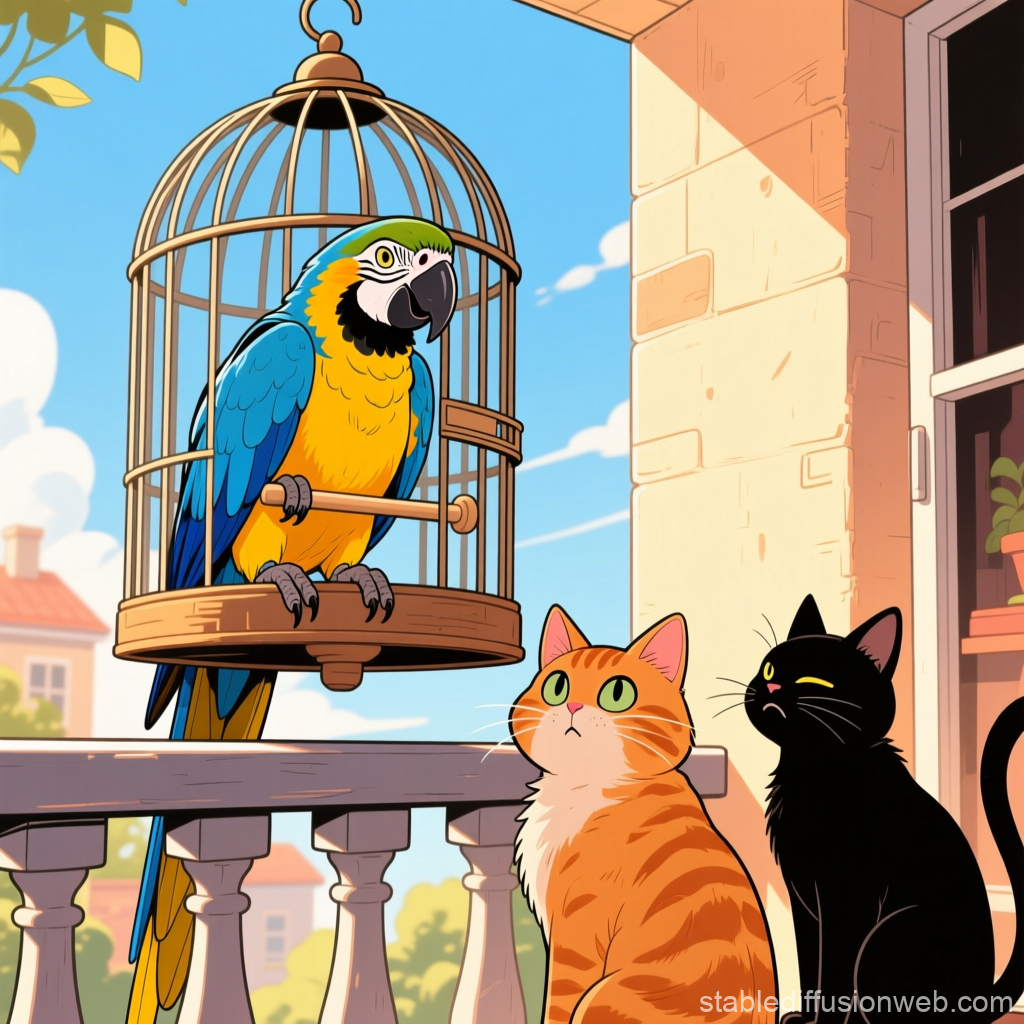 Curious Cats Watching a Vibrant Macaw in a Cage