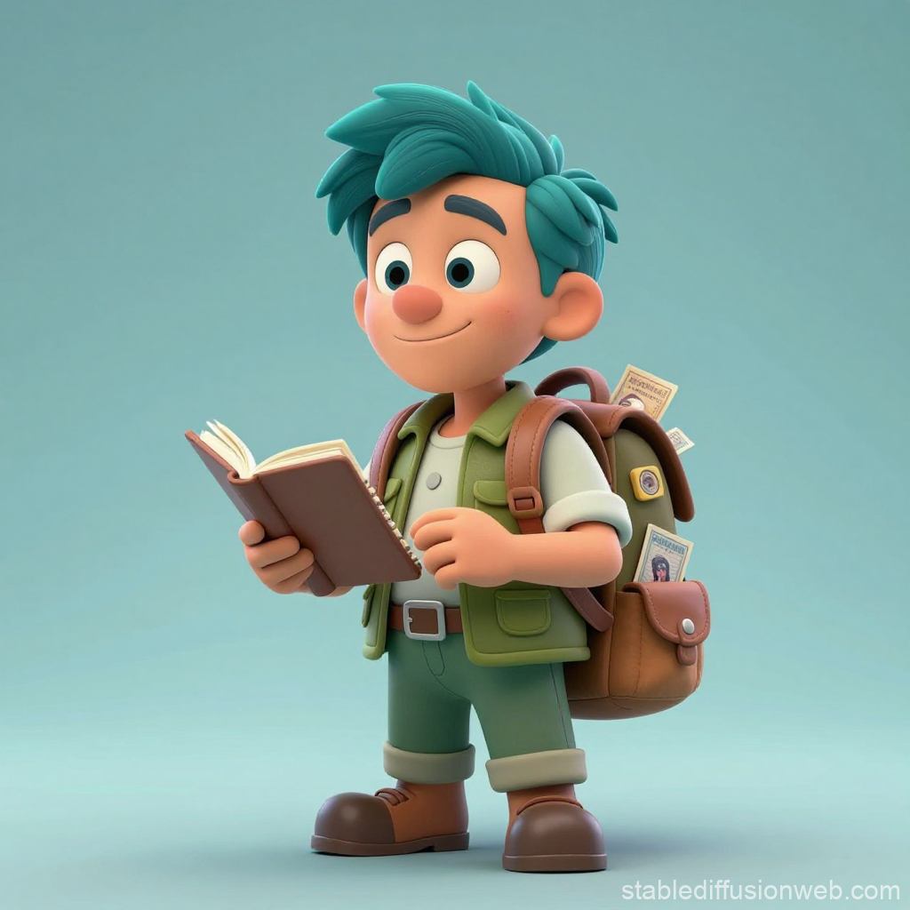 Curious Explorer Boy Reading a Book with Backpack