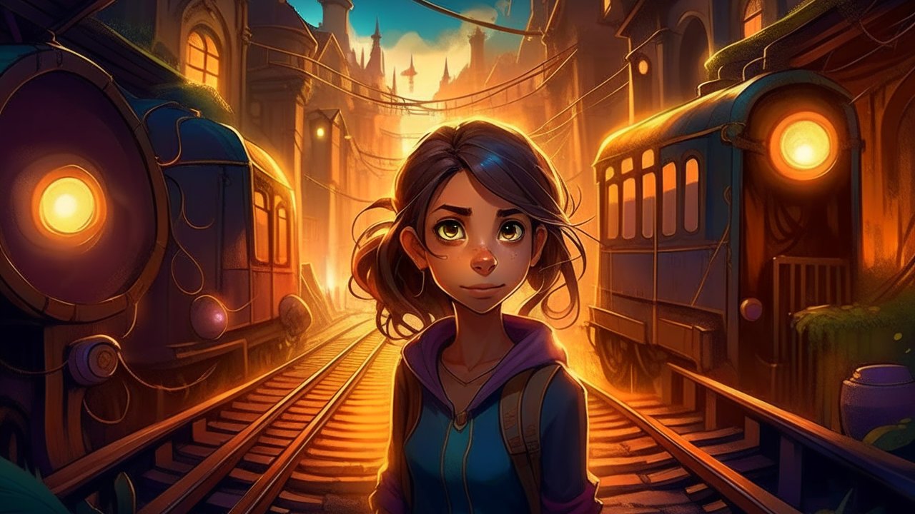 Curious Girl Standing Between Trains in Warm Sunset