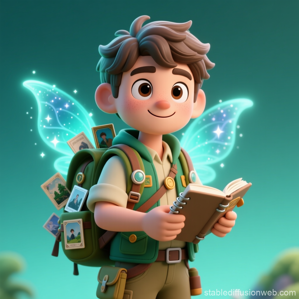 Curious Memory Explorer with Magical Wings Reading a Journal