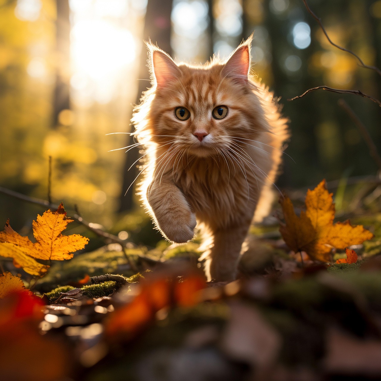 Curious Orange Cat Walking Through Autumn Forest