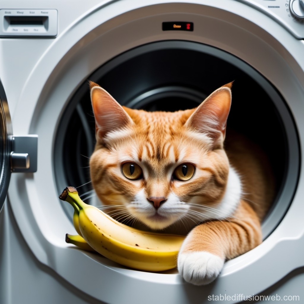 Curious Orange Tabby Cat in Washing Machine with Bananas