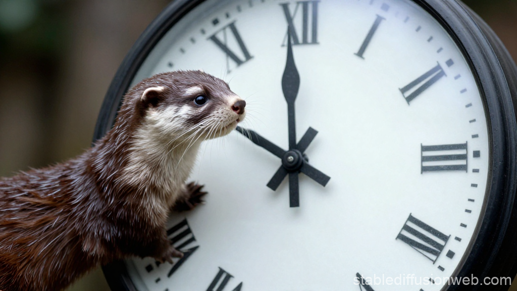 Curious Otter Exploring a Large Vintage Clock
