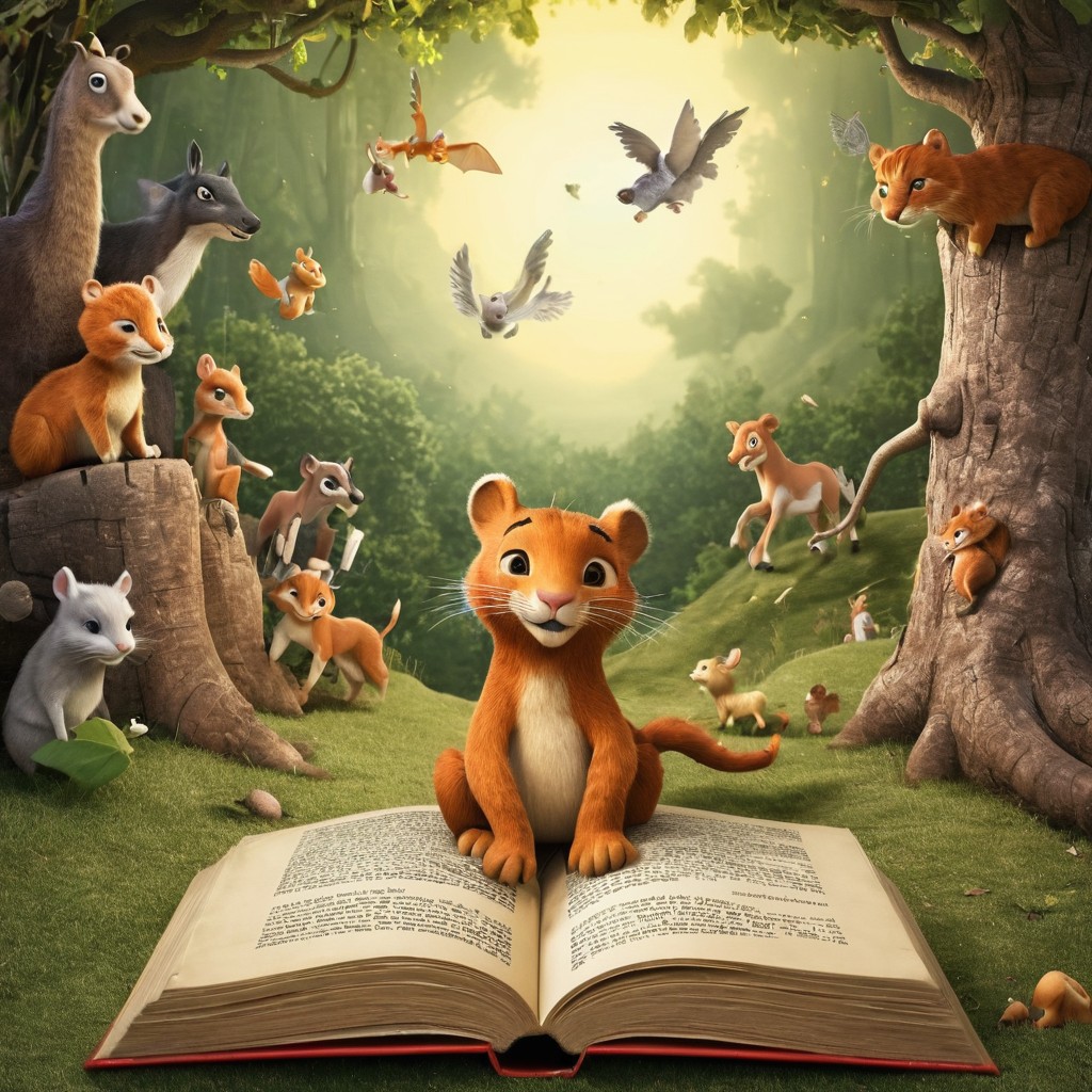 Curious Young Lion Cub Reading a Magical Book in Enchanted Forest