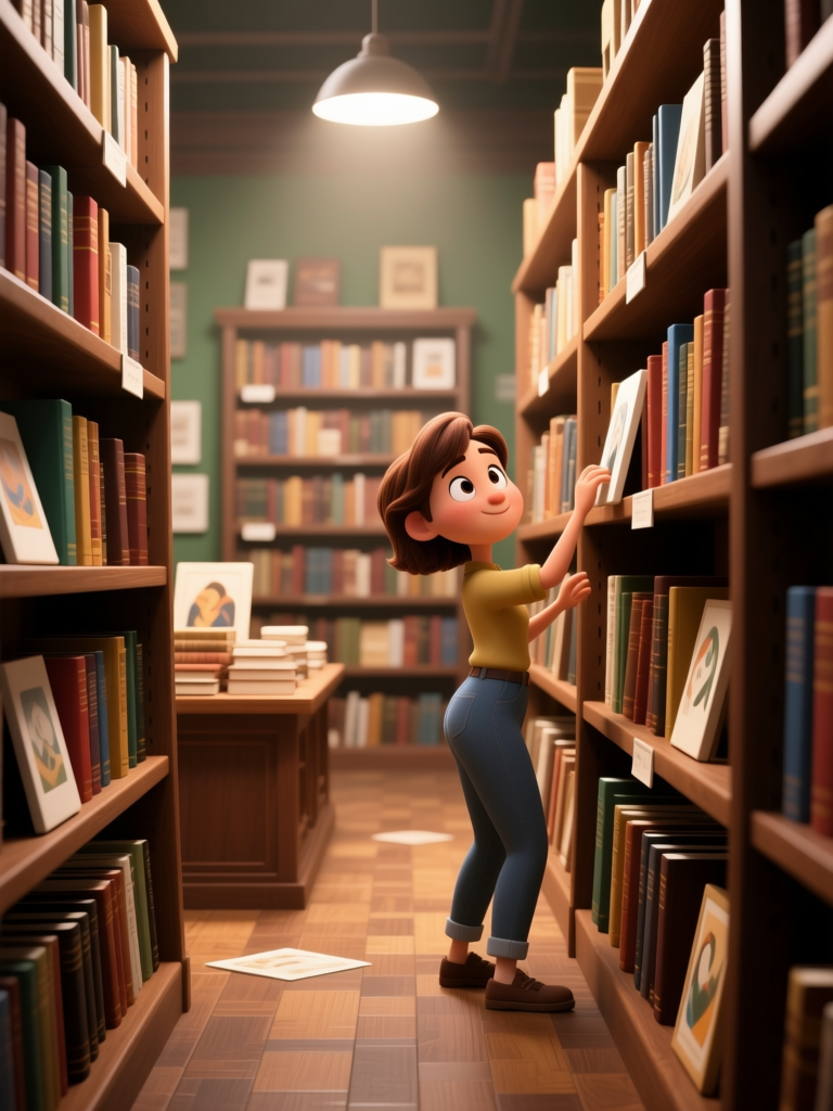 Curious Young Woman Browsing Books in Cozy Library