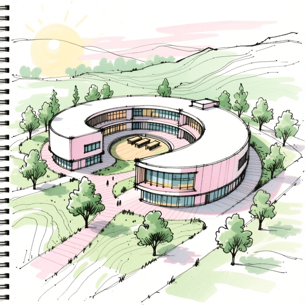 Curved Modern Education Center Architectural Sketch
